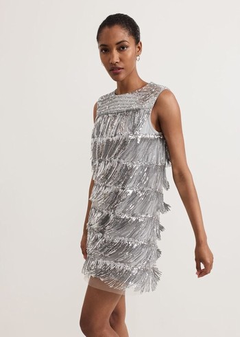 Phase Eight Lula Fringe Sequin Dress Silver Canada | QRJINM-926